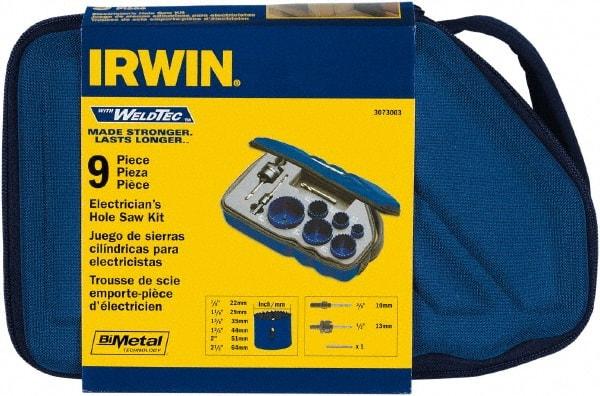 Irwin Blades - 9 Piece, 7/8" to 2-1/2" Saw Diam, Electrician's Hole Saw Kit - Bi-Metal, Toothed Edge, Pilot Drill Model No. 373000, Includes 6 Hole Saws - Benchmark Tooling