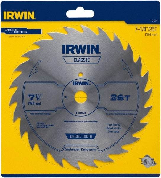 Irwin Blades - 7-1/4" Diam, 5/8" Arbor Hole Diam, 26 Tooth Wet & Dry Cut Saw Blade - High Carbon Steel, Smooth Action, Diamond Arbor - Benchmark Tooling