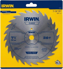 Irwin Blades - 7-1/4" Diam, 5/8" Arbor Hole Diam, 26 Tooth Wet & Dry Cut Saw Blade - High Carbon Steel, Smooth Action, Diamond Arbor - Benchmark Tooling