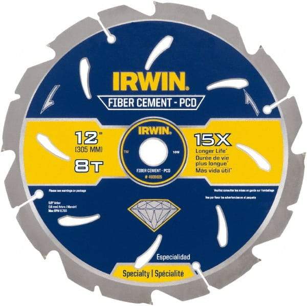 Irwin Blades - 12" Diam, 1" Arbor Hole Diam, 8 Tooth Wet & Dry Cut Saw Blade - Diamond-Tipped, Smooth Action, Standard Round Arbor - Benchmark Tooling