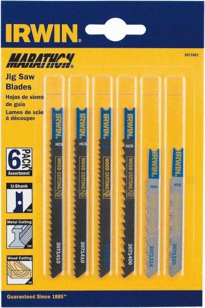 Irwin Blades - 6 Piece, 3-1/4" to 4" Long, 6 to 20 Teeth per Inch, Bi-Metal and Carbon Jig Saw Blade Set - Toothed Edge, U-Shank - Benchmark Tooling