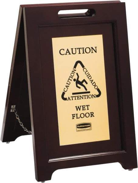 Rubbermaid - Attention/, Caution/, Cuidado/, Wet Floor, 15-1/8" Wide x 22" High, Wood Floor Sign - English/French/Spanish, A-Frame, Black on Gold, For Accident Prevention - Benchmark Tooling