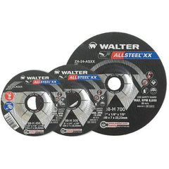 WALTER Surface Technologies - 24 Grit, 9" Wheel Diam, 1/4" Wheel Thickness, 7/8" Arbor Hole, Type 27 Depressed Center Wheel - Aluminum Oxide, Resinoid Bond, 6,600 Max RPM - Benchmark Tooling