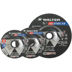 WALTER Surface Technologies - 24 Grit, 7" Wheel Diam, 1/4" Wheel Thickness, Type 27 Depressed Center Wheel - Aluminum Oxide, Resinoid Bond, 8,600 Max RPM - Benchmark Tooling