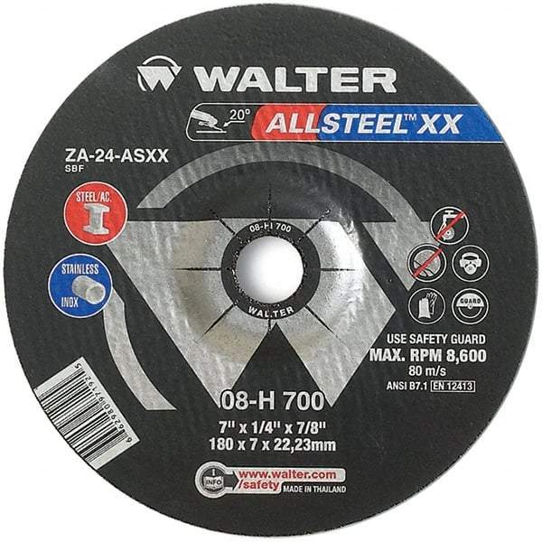 WALTER Surface Technologies - 24 Grit, 7" Wheel Diam, 1/4" Wheel Thickness, 7/8" Arbor Hole, Type 27 Depressed Center Wheel - Aluminum Oxide, Resinoid Bond, 8,600 Max RPM - Benchmark Tooling