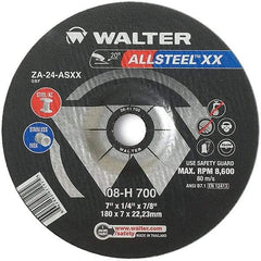 WALTER Surface Technologies - 24 Grit, 7" Wheel Diam, 1/4" Wheel Thickness, 7/8" Arbor Hole, Type 27 Depressed Center Wheel - Aluminum Oxide, Resinoid Bond, 8,600 Max RPM - Benchmark Tooling