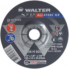 WALTER Surface Technologies - 24 Grit, 6" Wheel Diam, 1/8" Wheel Thickness, 7/8" Arbor Hole, Type 27 Depressed Center Wheel - Aluminum Oxide, Resinoid Bond, 10,200 Max RPM - Benchmark Tooling
