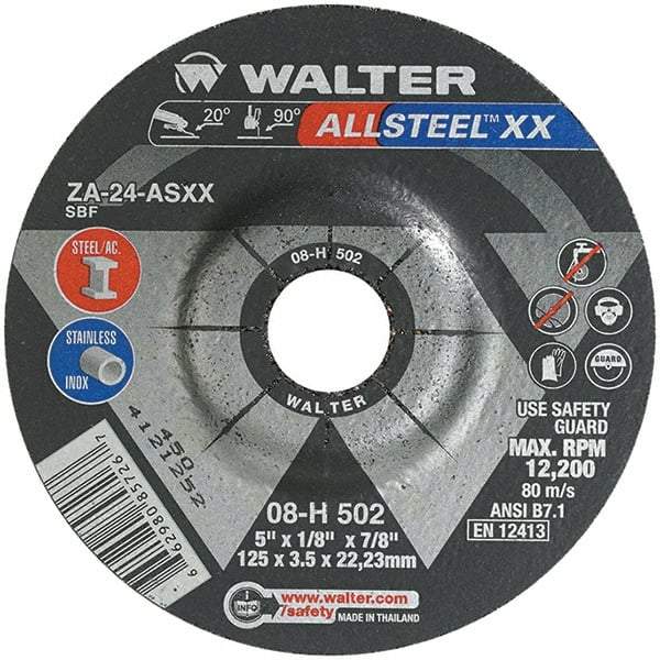 WALTER Surface Technologies - 24 Grit, 5" Wheel Diam, 1/8" Wheel Thickness, 7/8" Arbor Hole, Type 27 Depressed Center Wheel - Aluminum Oxide, Resinoid Bond, 12,200 Max RPM - Benchmark Tooling