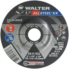 WALTER Surface Technologies - 24 Grit, 5" Wheel Diam, 1/8" Wheel Thickness, 7/8" Arbor Hole, Type 27 Depressed Center Wheel - Aluminum Oxide, Resinoid Bond, 12,200 Max RPM - Benchmark Tooling