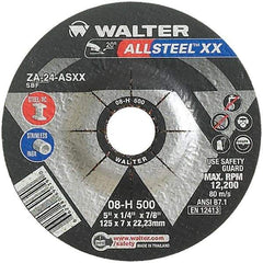 WALTER Surface Technologies - 24 Grit, 5" Wheel Diam, 1/4" Wheel Thickness, 7/8" Arbor Hole, Type 27 Depressed Center Wheel - Aluminum Oxide, Resinoid Bond, 12,200 Max RPM - Benchmark Tooling