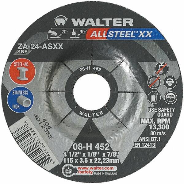 WALTER Surface Technologies - 24 Grit, 4-1/2" Wheel Diam, 1/8" Wheel Thickness, 7/8" Arbor Hole, Type 27 Depressed Center Wheel - Aluminum Oxide, Resinoid Bond, 13,300 Max RPM - Benchmark Tooling