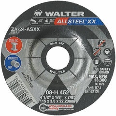 WALTER Surface Technologies - 24 Grit, 4-1/2" Wheel Diam, 1/8" Wheel Thickness, 7/8" Arbor Hole, Type 27 Depressed Center Wheel - Aluminum Oxide, Resinoid Bond, 13,300 Max RPM - Benchmark Tooling