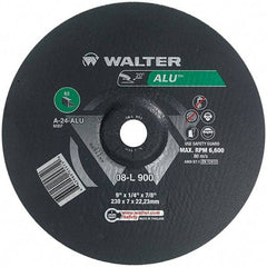 WALTER Surface Technologies - 24 Grit, 9" Wheel Diam, 1/4" Wheel Thickness, 7/8" Arbor Hole, Type 27 Depressed Center Wheel - Aluminum Oxide, Resinoid Bond, 6,600 Max RPM - Benchmark Tooling