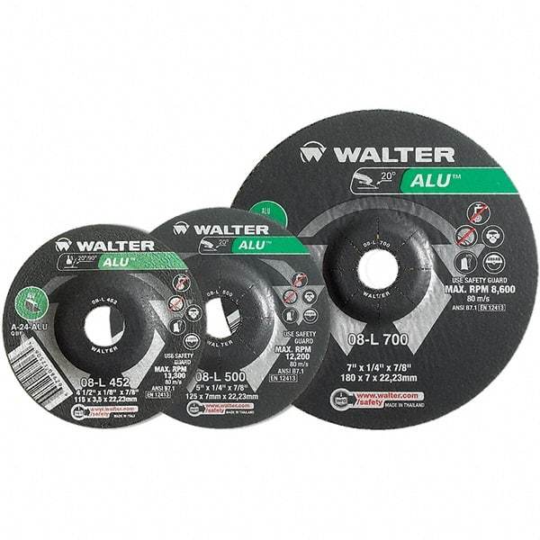 WALTER Surface Technologies - 24 Grit, 7" Wheel Diam, 1/8" Wheel Thickness, Type 27 Depressed Center Wheel - Aluminum Oxide, Resinoid Bond, 8,600 Max RPM - Benchmark Tooling