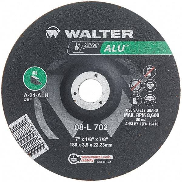 WALTER Surface Technologies - 24 Grit, 7" Wheel Diam, 1/8" Wheel Thickness, 7/8" Arbor Hole, Type 27 Depressed Center Wheel - Aluminum Oxide, Resinoid Bond, 8,600 Max RPM - Benchmark Tooling