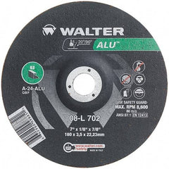 WALTER Surface Technologies - 24 Grit, 7" Wheel Diam, 1/8" Wheel Thickness, 7/8" Arbor Hole, Type 27 Depressed Center Wheel - Aluminum Oxide, Resinoid Bond, 8,600 Max RPM - Benchmark Tooling