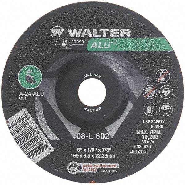 WALTER Surface Technologies - 24 Grit, 6" Wheel Diam, 1/8" Wheel Thickness, 7/8" Arbor Hole, Type 27 Depressed Center Wheel - Aluminum Oxide, Resinoid Bond, 10,200 Max RPM - Benchmark Tooling