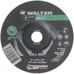 WALTER Surface Technologies - 24 Grit, 6" Wheel Diam, 1/8" Wheel Thickness, 7/8" Arbor Hole, Type 27 Depressed Center Wheel - Aluminum Oxide, Resinoid Bond, 10,200 Max RPM - Benchmark Tooling