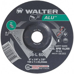 WALTER Surface Technologies - 24 Grit, 6" Wheel Diam, 1/4" Wheel Thickness, 7/8" Arbor Hole, Type 27 Depressed Center Wheel - Aluminum Oxide, Resinoid Bond, 10,200 Max RPM - Benchmark Tooling