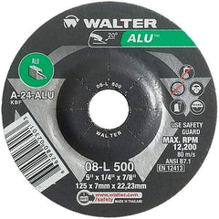 WALTER Surface Technologies - 24 Grit, 5" Wheel Diam, 1/4" Wheel Thickness, 7/8" Arbor Hole, Type 27 Depressed Center Wheel - Aluminum Oxide, Resinoid Bond, 12,200 Max RPM - Benchmark Tooling