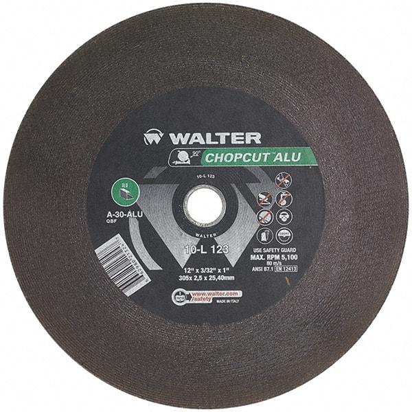 WALTER Surface Technologies - 12" 30 Grit Aluminum Oxide Cutoff Wheel - 3/32" Thick, 1" Arbor, 5,100 Max RPM, Use with Chop Saws - Benchmark Tooling