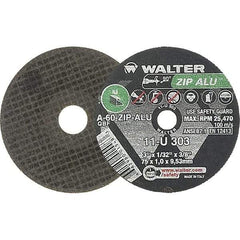 WALTER Surface Technologies - 3" 60 Grit Aluminum Oxide Cutoff Wheel - 1/32" Thick, 3/8" Arbor, 25,470 Max RPM, Use with Die Grinders - Benchmark Tooling