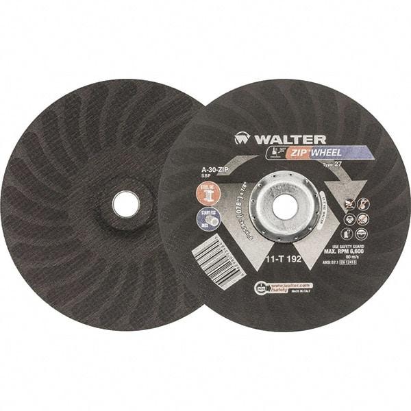 WALTER Surface Technologies - 30 Grit, 9" Wheel Diam, 5/64" Wheel Thickness, 7/8" Arbor Hole, Type 27 Depressed Center Wheel - Aluminum Oxide, Resinoid Bond, 6,600 Max RPM - Benchmark Tooling