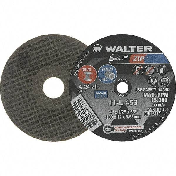 WALTER Surface Technologies - 4" 24 Grit Aluminum Oxide Cutoff Wheel - 1/2" Thick, 3/8" Arbor, 19,100 Max RPM, Use with Die Grinders - Benchmark Tooling