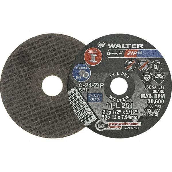 WALTER Surface Technologies - 2" 24 Grit Aluminum Oxide Cutoff Wheel - 1/2" Thick, 5/16" Arbor, 31,000 Max RPM, Use with Die Grinders - Benchmark Tooling