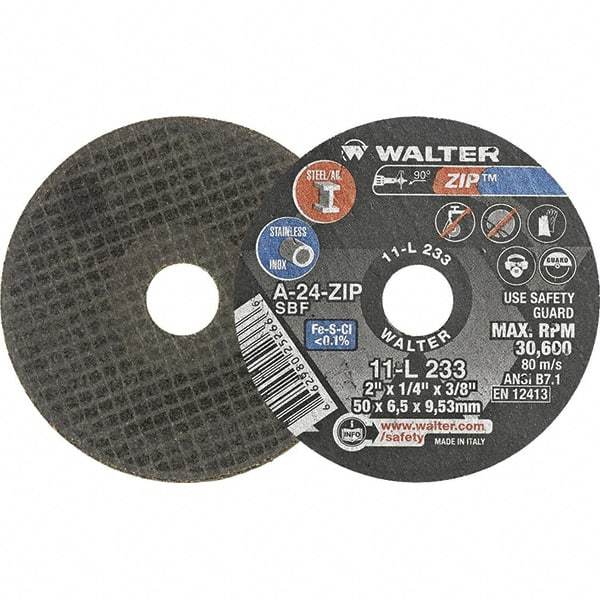 WALTER Surface Technologies - 2" 24 Grit Aluminum Oxide Cutoff Wheel - 1/4" Thick, 3/8" Arbor, 31,000 Max RPM, Use with Die Grinders - Benchmark Tooling