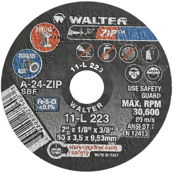 WALTER Surface Technologies - 2" 24 Grit Aluminum Oxide Cutoff Wheel - 1/8" Thick, 3/8" Arbor, 31,000 Max RPM, Use with Die Grinders - Benchmark Tooling