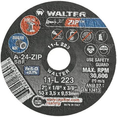 WALTER Surface Technologies - 2" 24 Grit Aluminum Oxide Cutoff Wheel - 1/8" Thick, 3/8" Arbor, 31,000 Max RPM, Use with Die Grinders - Benchmark Tooling