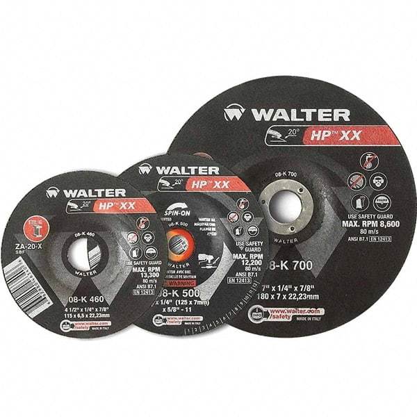 WALTER Surface Technologies - 16 Grit, 9" Wheel Diam, 1/4" Wheel Thickness, Type 28 Depressed Center Wheel - Aluminum Oxide, Resinoid Bond, 6,600 Max RPM - Benchmark Tooling