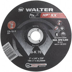 WALTER Surface Technologies - 16 Grit, 7" Wheel Diam, 1/4" Wheel Thickness, 7/8" Arbor Hole, Type 28 Depressed Center Wheel - Aluminum Oxide, Resinoid Bond, 8,600 Max RPM - Benchmark Tooling