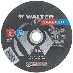 WALTER Surface Technologies - 7" 30 Grit Aluminum Oxide Cutoff Wheel - 3/32" Thick, 7/8" Arbor, 8,600 Max RPM, Use with Angle Grinders - Benchmark Tooling