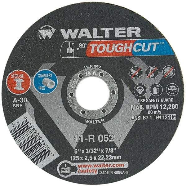 WALTER Surface Technologies - 5" 30 Grit Aluminum Oxide Cutoff Wheel - 3/32" Thick, 7/8" Arbor, 12,200 Max RPM, Use with Angle Grinders - Benchmark Tooling