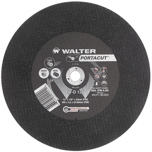WALTER Surface Technologies - 12" 24 Grit Aluminum Oxide Cutoff Wheel - 1/8" Thick, 20mm Arbor, 6,300 Max RPM, Use with Electric & Gas Powered Saws - Benchmark Tooling