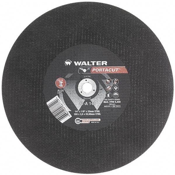 WALTER Surface Technologies - 14" 24 Grit Aluminum Oxide Cutoff Wheel - 1/8" Thick, 20mm Arbor, 5,400 Max RPM, Use with Electric & Gas Powered Saws - Benchmark Tooling