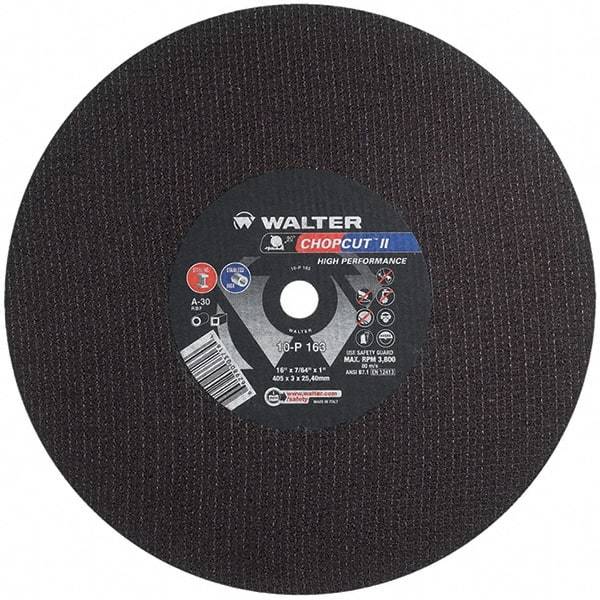 WALTER Surface Technologies - 16" 30 Grit Aluminum Oxide Cutoff Wheel - 7/64" Thick, 1" Arbor, 3,800 Max RPM, Use with Chop Saws - Benchmark Tooling