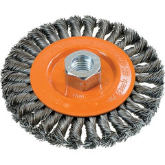 WALTER Surface Technologies - 5" OD, 5/8-11 Arbor Hole, Knotted Steel Wheel Brush - 3/8" Face Width, 0.02" Filament Diam, 15,000 RPM - Benchmark Tooling