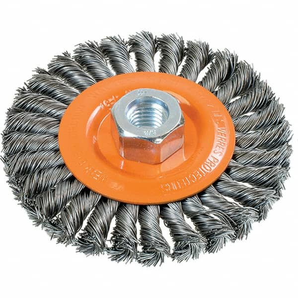 WALTER Surface Technologies - 4-1/2" OD, 5/8-11 Arbor Hole, Knotted Steel Wheel Brush - 3/8" Face Width, 0.02" Filament Diam, 15,000 RPM - Benchmark Tooling