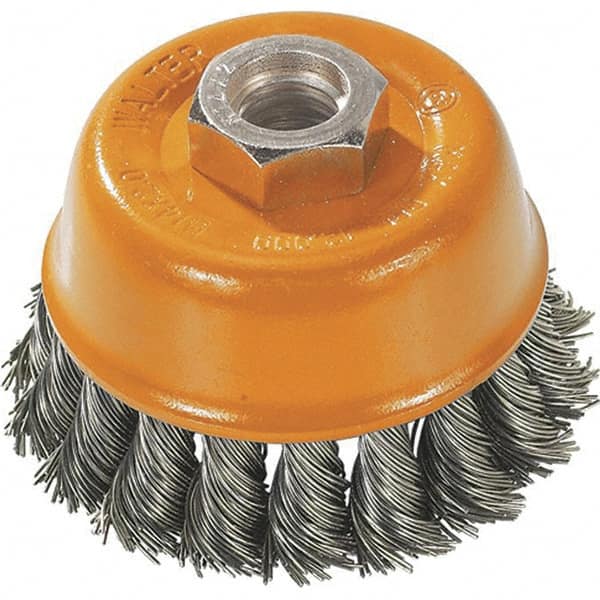 WALTER Surface Technologies - 3" Diam, M14x2.00 Threaded Arbor, Steel Fill Cup Brush - 0.015 Wire Diam, 12,000 Max RPM - Benchmark Tooling