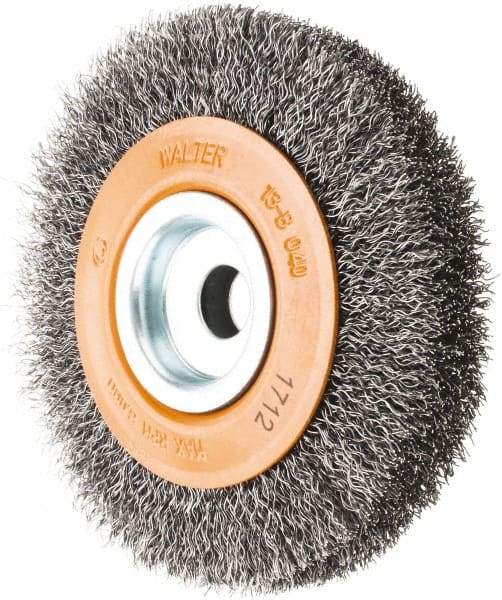 WALTER Surface Technologies - 4" OD, 1/2" Arbor Hole, Crimped Steel Wheel Brush - 3/4" Face Width, 0.0118" Filament Diam, 6,000 RPM - Benchmark Tooling