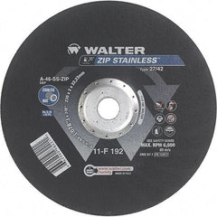 WALTER Surface Technologies - 46 Grit, 9" Wheel Diam, 5/64" Wheel Thickness, 7/8" Arbor Hole, Type 27 Depressed Center Wheel - Aluminum Oxide/Silicon Carbide Blend, Resinoid Bond, 6,600 Max RPM - Benchmark Tooling