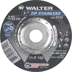 WALTER Surface Technologies - 60 Grit, 5" Wheel Diam, 3/64" Wheel Thickness, 7/8" Arbor Hole, Type 27 Depressed Center Wheel - Aluminum Oxide/Silicon Carbide Blend, Resinoid Bond, 12,200 Max RPM - Benchmark Tooling