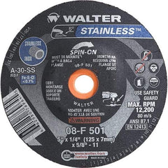 WALTER Surface Technologies - 30 Grit, 5" Wheel Diam, 1/4" Wheel Thickness, Type 28 Depressed Center Wheel - Aluminum Oxide, Resinoid Bond, 12,200 Max RPM - Benchmark Tooling