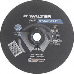 WALTER Surface Technologies - 30 Grit, 9" Wheel Diam, 1/4" Wheel Thickness, 7/8" Arbor Hole, Type 27 Depressed Center Wheel - Aluminum Oxide, Resinoid Bond, 6,600 Max RPM - Benchmark Tooling