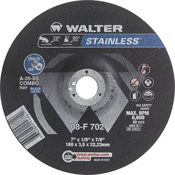 WALTER Surface Technologies - 30 Grit, 7" Wheel Diam, 1/8" Wheel Thickness, 7/8" Arbor Hole, Type 27 Depressed Center Wheel - Aluminum Oxide, Resinoid Bond, 8,600 Max RPM - Benchmark Tooling