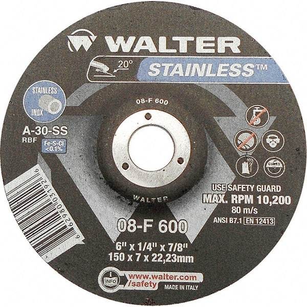 WALTER Surface Technologies - 30 Grit, 6" Wheel Diam, 1/4" Wheel Thickness, 7/8" Arbor Hole, Type 27 Depressed Center Wheel - Aluminum Oxide, Resinoid Bond, 10,200 Max RPM - Benchmark Tooling