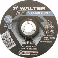 WALTER Surface Technologies - 30 Grit, 6" Wheel Diam, 1/4" Wheel Thickness, 7/8" Arbor Hole, Type 27 Depressed Center Wheel - Aluminum Oxide, Resinoid Bond, 10,200 Max RPM - Benchmark Tooling